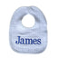 White baby bib with 'James' embroidered in blue on a light gray background